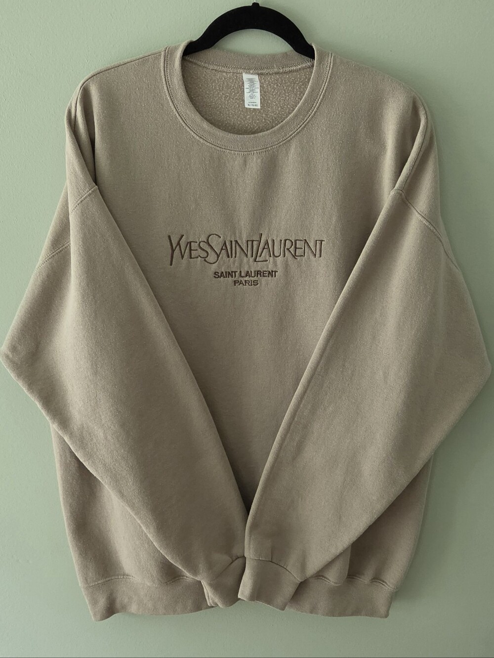 Vintage Style Yves Embroidered Chest Graphic Sweatshirt Beige Pullover Fleece.